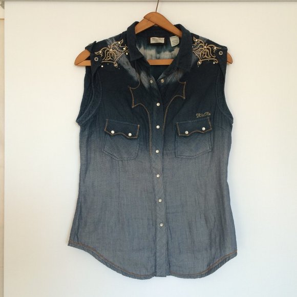 Miss Me Womens Sleeveless Embroidered Blouse Medium Blue Rhinestones Pearl Snap - Picture 2 of 10